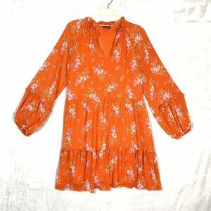 Vince Camuto Blouse Womens Medium Orange Floral V-Neck Long Sleeve Pullover Top